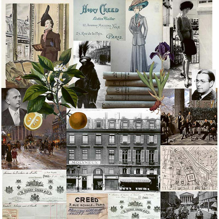 collage of images from the Creed archive featuring buildings, illustrations and ingredients