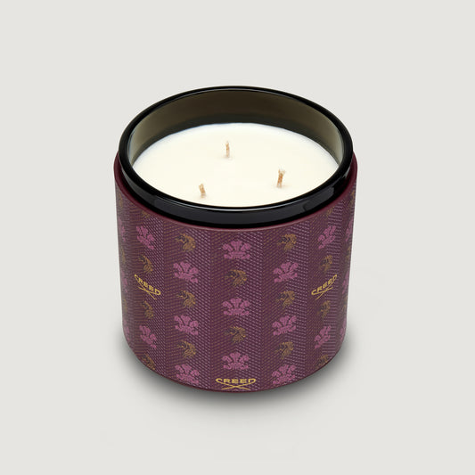 birmanie oud 650 g candle with 3 wicks and a burgundy leather case